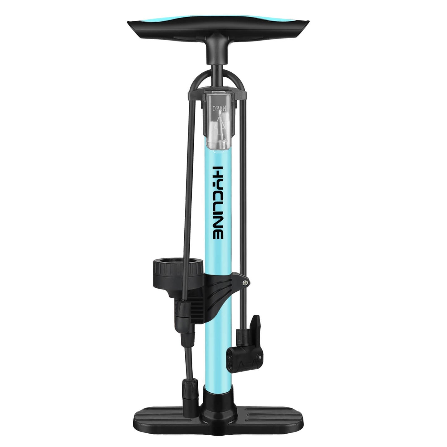 Hycline Basic-UP bicycle pump with pressure gauge and handle for inflating bike tires.