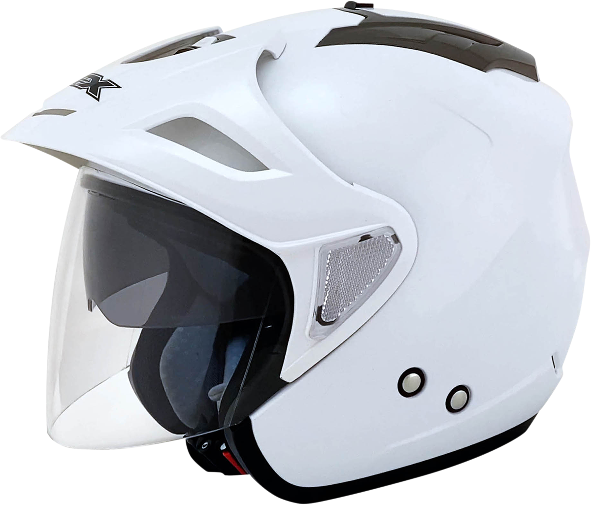 Bill's Exhausts AFX FX-50 helmet in pearl white, medium size, featuring sleek aerodynamic design and secure strap closure.