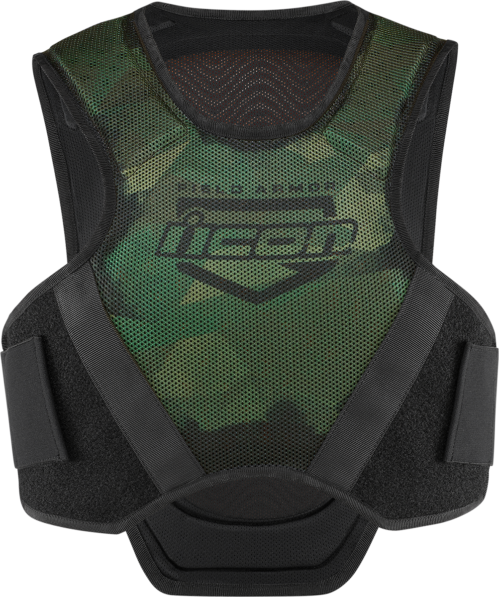 Bill's Exhausts ICON Softcore™ vest in green camo fabric, medium/large size, shown with front view and camouflage pattern.