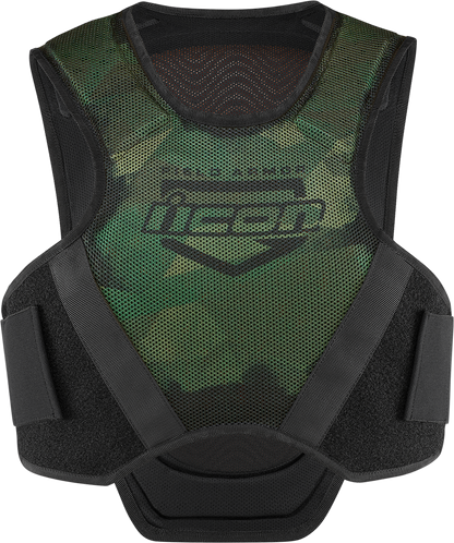 Bill's Exhausts ICON Softcore™ vest in green camo fabric, medium/large size, shown with front view and camouflage pattern.