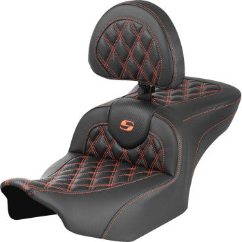 Bill's Exhausts SADDLEMEN RoadSofa™ motorcycle seat with backrest, carbon fiber finish, lattice stitch, and orange stitching for FLTR/FLHX '23-'24.