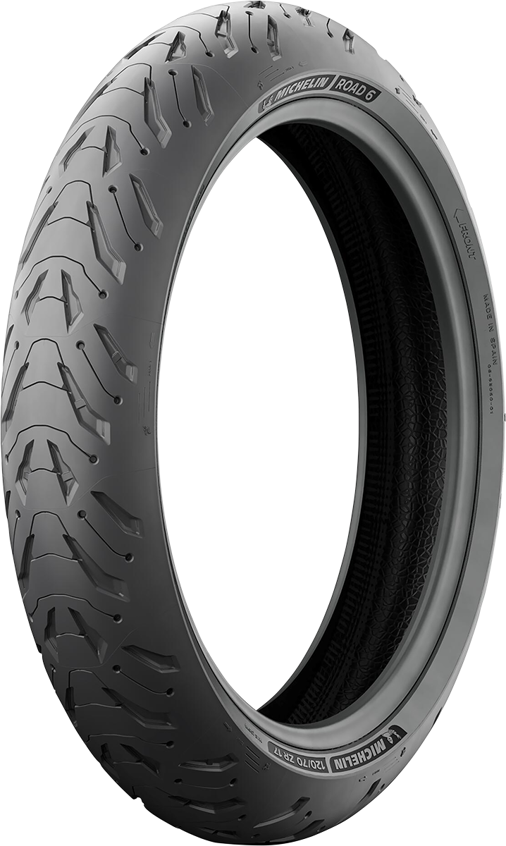Michelin Road 6 front motorcycle tire 120/60ZR17 (55W) with tread pattern, mounted on wheel, close-up view.