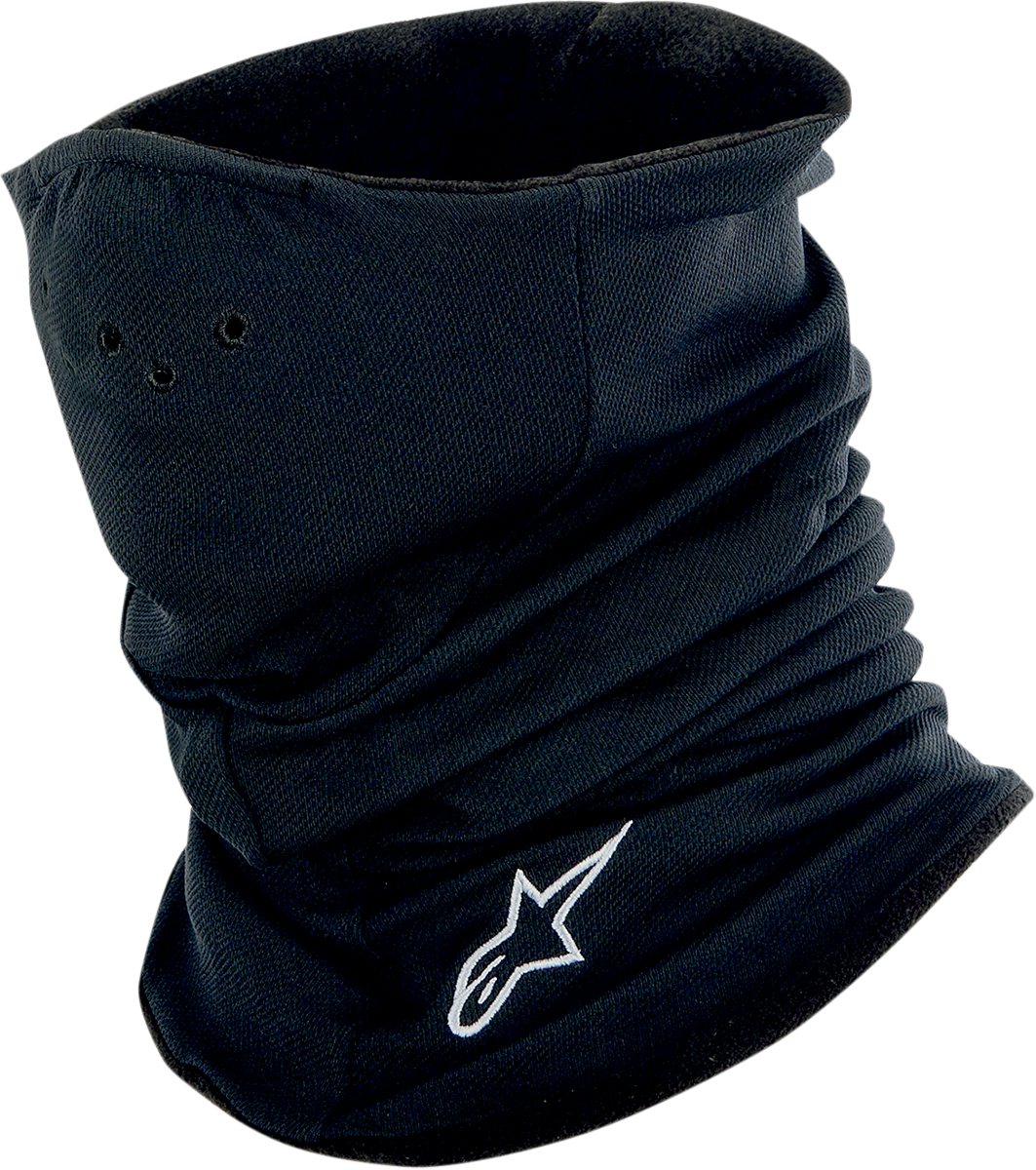 Black Alpinestars Tech Neck Warmer, protective gear for motorcycle riders, shown in a close-up image.