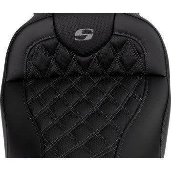 SADDLEMEN Roadsofa™ motorcycle seat with backrest in dark gray stitch, designed for FL models 2008-2023.