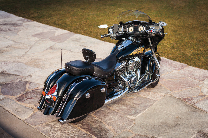 Black Kuryakyn Tech Connect device holder for motorcycle handlebars, adjustable width from 1-5/8 to 3-5/8 inches.