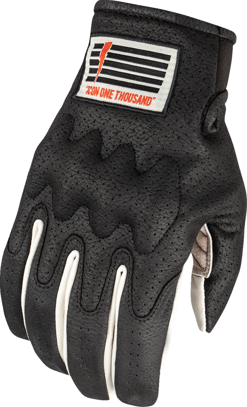 Bill's Exhausts ICON Airform Slabtown™ Black gloves, medium size, shown with close-up of textured fabric and secure wrist closure.