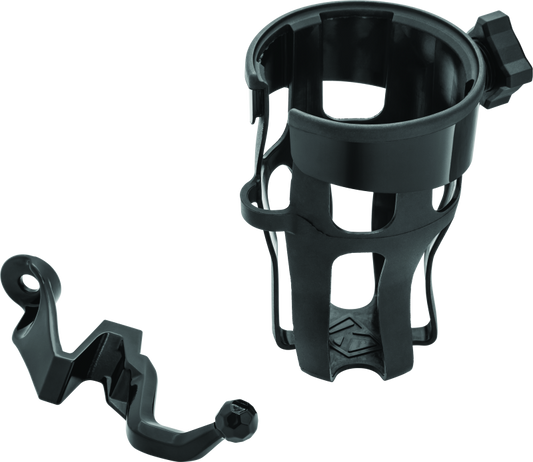 Kuryakyn Reflex Drink Holder for Harley Touring motorcycles, mounted on handlebar with water bottle in holder