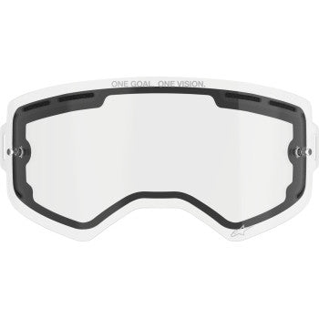 Alpinestars Supertech dual clear lens for motorcycle helmets, showing a transparent lens with reflective coating and mounting edges.