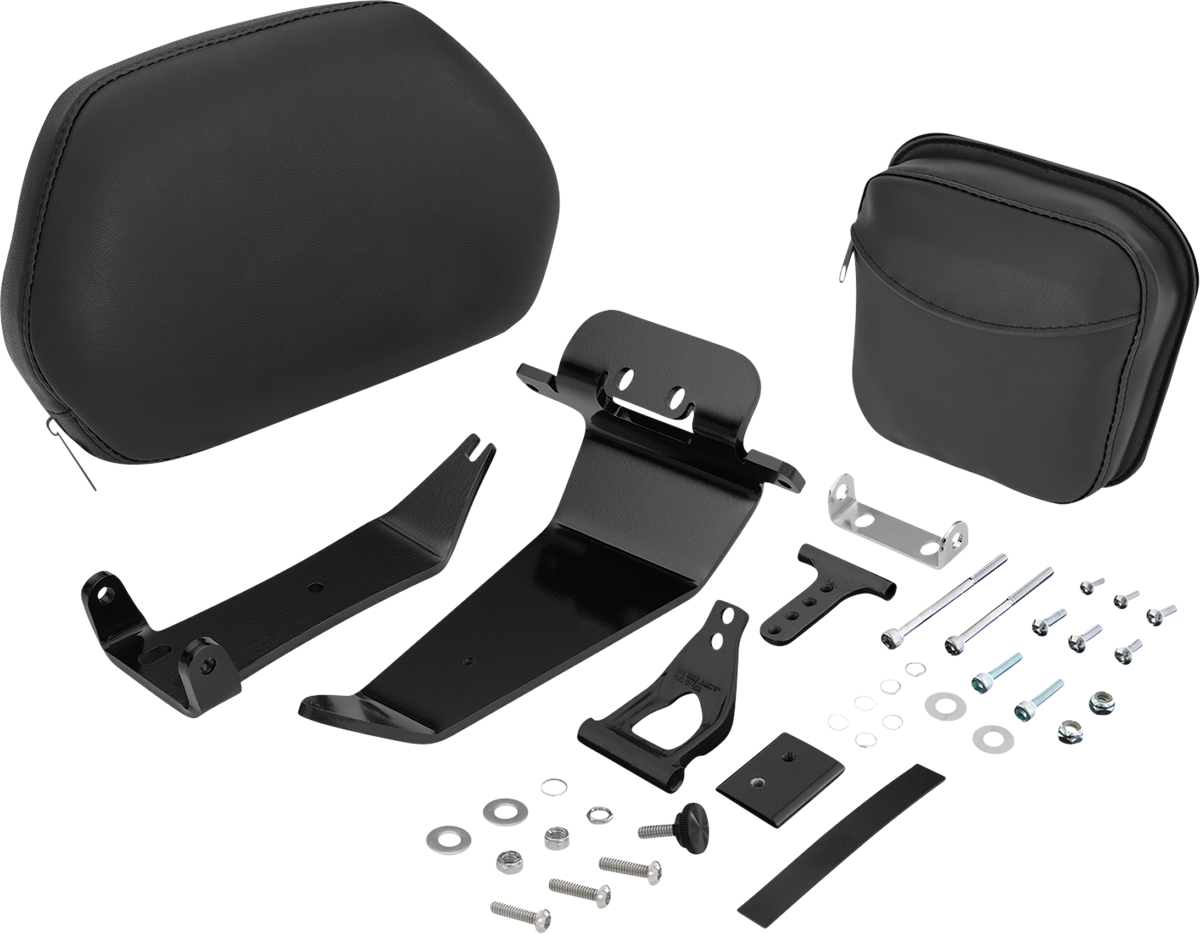 Black SHOW CHROME quick-detach backrest for Ryker '19-'21, engine accessory from Bill's Exhausts, shown mounted on motorcycle.