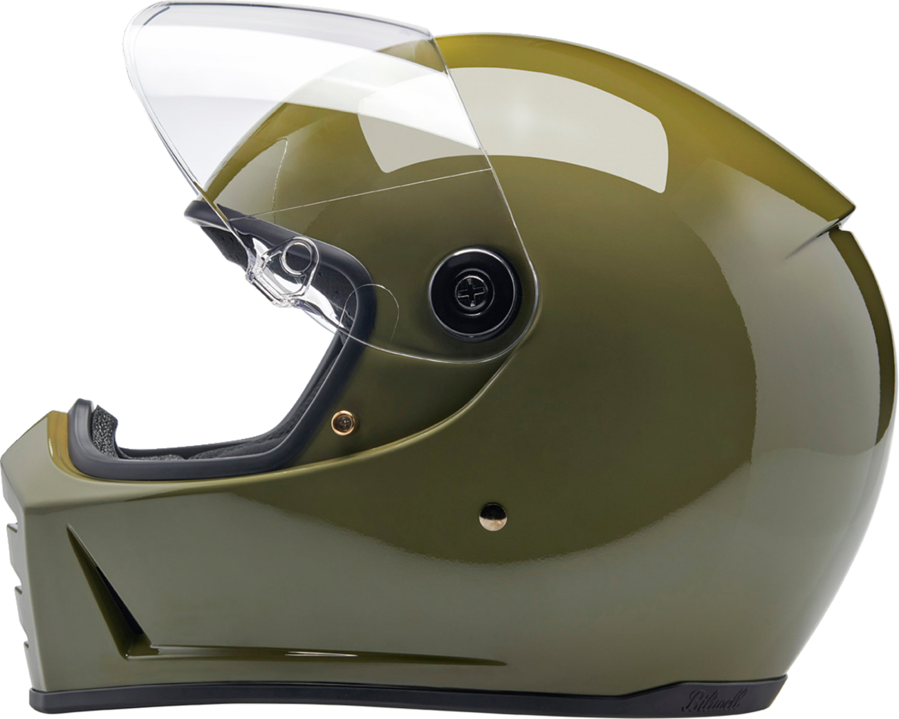 BILTWELL Lane Splitter helmet in gloss olive green, XL size, featuring a sleek motorcycle helmet design and adjustable straps.
