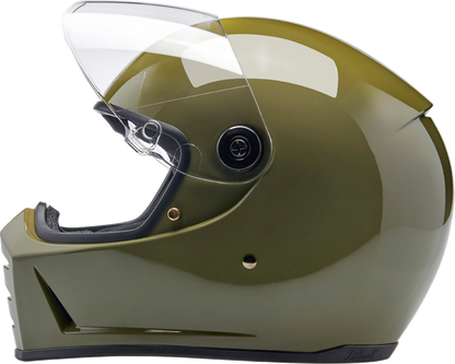BILTWELL Lane Splitter helmet in gloss olive green, XL size, featuring a sleek motorcycle helmet design and adjustable straps.