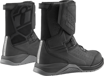 Black ICON Alcan waterproof boots by Bill's Exhausts, size 12, showing sturdy leather construction and rugged outsole.