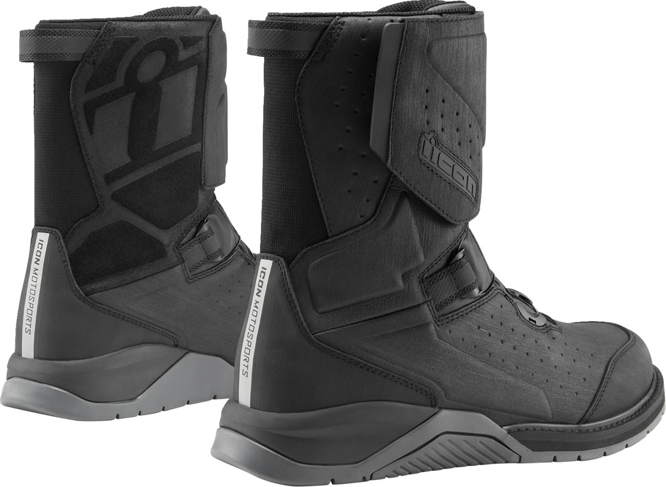 Black ICON Alcan waterproof boots by Bill's Exhausts, size 7, showcasing sturdy leather construction and rugged sole.
