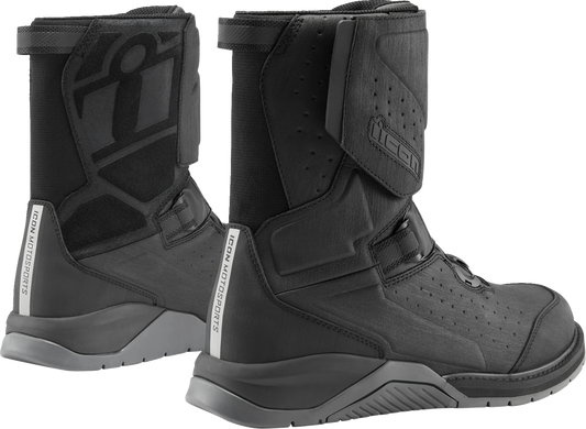 Black ICON Alcan waterproof boots by Bill's Exhausts, size 9, featuring durable leather and sturdy sole for outdoor wear.