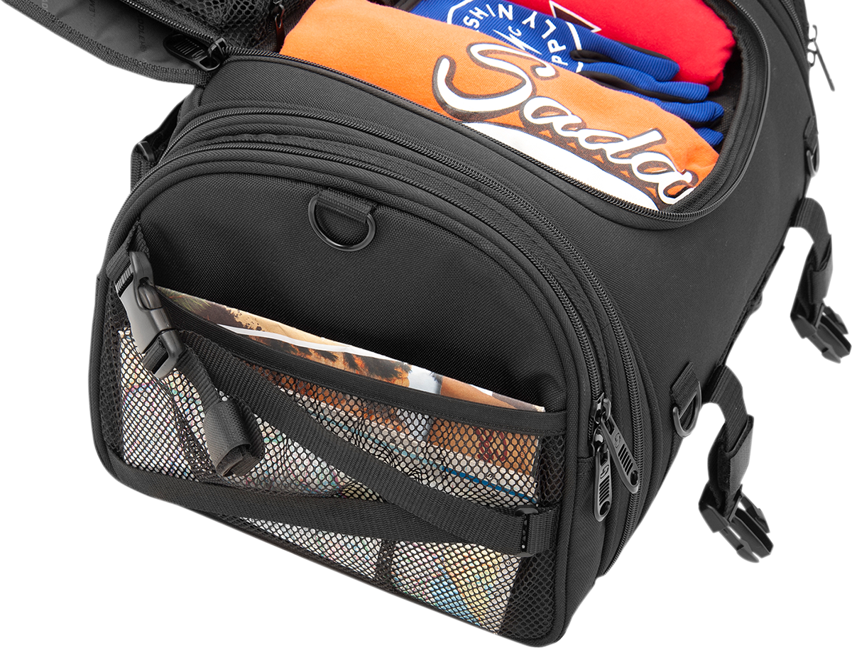 Bill's Exhausts SADDLEMEN TR2300DE TL sissy bar bag mounted on motorcycle seat, featuring durable straps and spacious storage capacity.