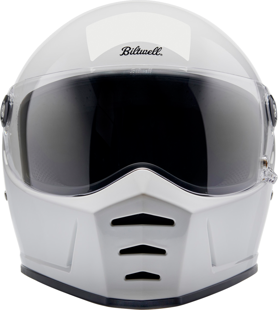 Bill's Exhausts BILTWELL Lane Splitter helmet in glossy white, XL size, with sleek aerodynamic design and clear visor.