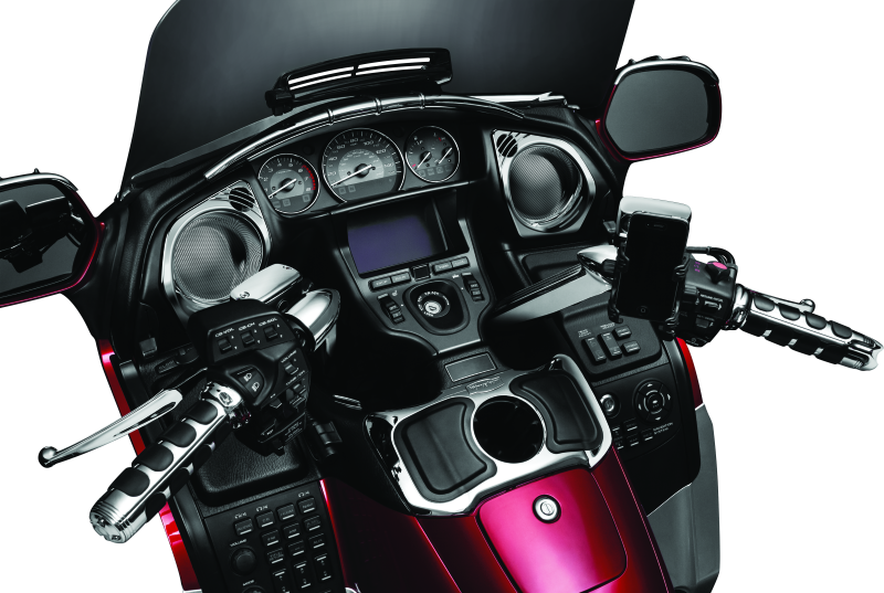 Kuryakyn ISO grips for Honda GL1800 motorcycle with chrome heated grips, featuring ergonomic design and textured surface.