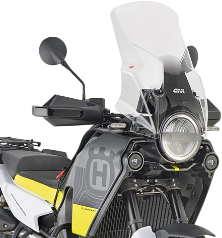 GIVI D9430ST clear windshield for Husqvarna motorcycles, shown mounted on bike with transparent shield and mounting hardware
