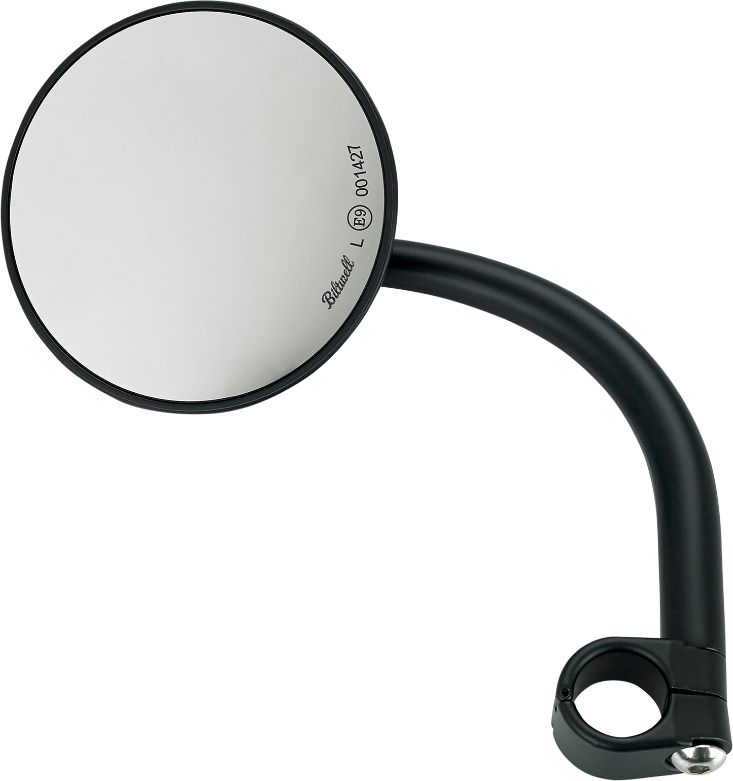 Round black BILTWell clamp-on utility mirror mounted on a motorcycle handlebar, showing the reflective mirror surface.