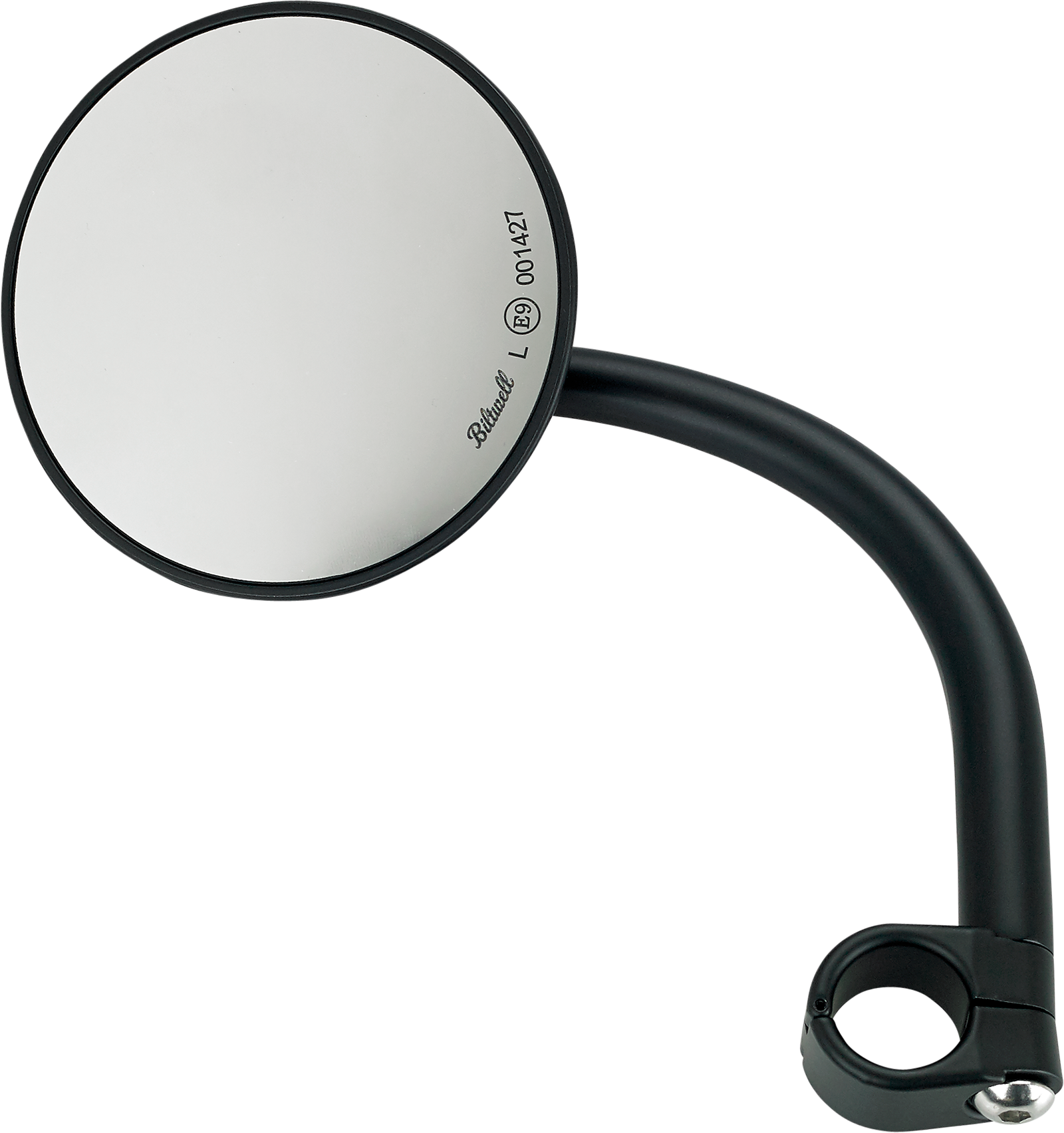 Round black BILTWell clamp-on utility mirror mounted on a motorcycle handlebar, showing the reflective mirror surface.