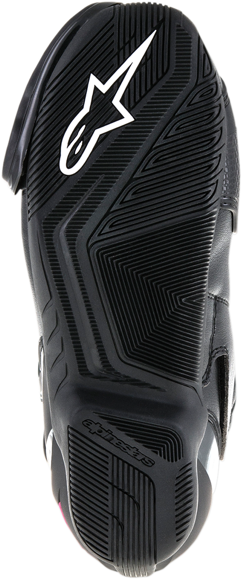 Alpinestars SMX-6 v2 vented motorcycle boots in black, pink, and white, US 8.5, showing the protective design and ventilation features.