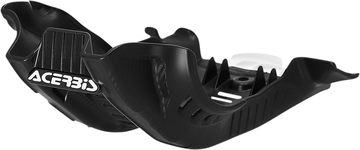 A black and white Acerbis skid plate designed for Gas Gas, Husqvarna, and KTM dirt bikes, mounted on a motorcycle body.