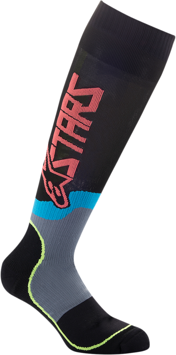 Alpinestars MX Plus-2 protective motorcycle socks in black, yellow fluorescent, and coral, size large, with reinforced areas.