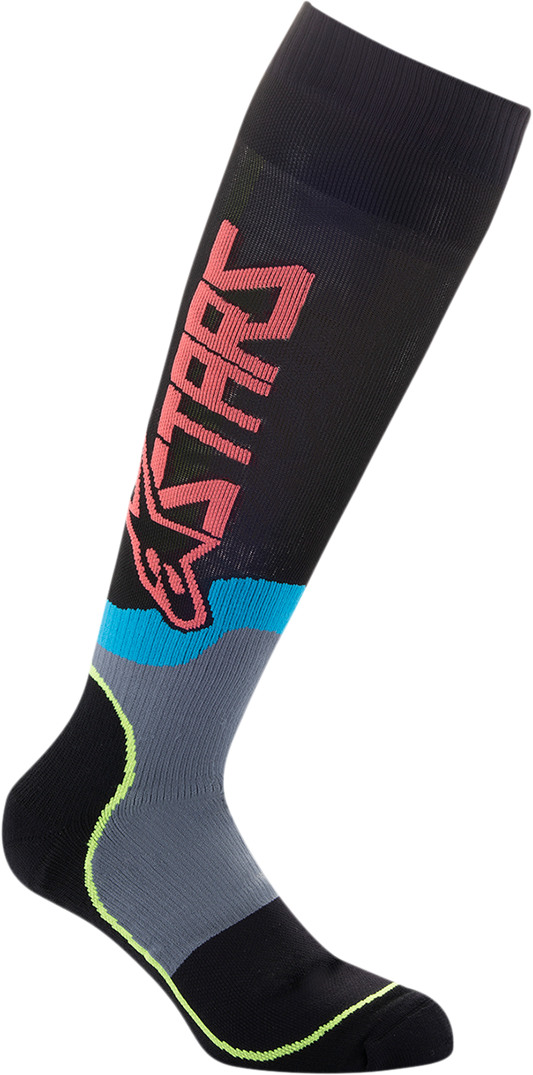 Alpinestars Youth MX Plus-2 protective socks in black, yellow fluo, and coral with reinforced areas for motocross riding.