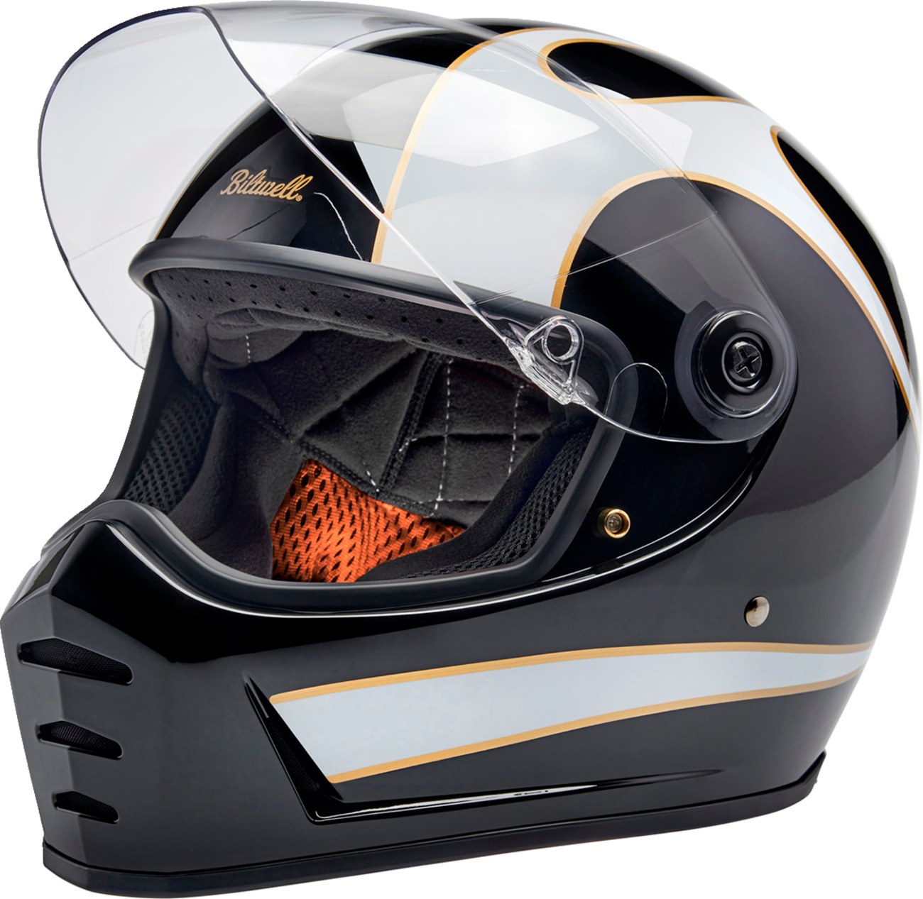 Bill's Exhausts BILTWELL Lane Splitter helmet in gloss black with white flames, XL size, showcasing the motorcycle helmet design.