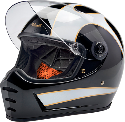 BILTWELL Lane Splitter helmet in gloss black with white flames, medium size, featuring a sleek motorcycle helmet design.