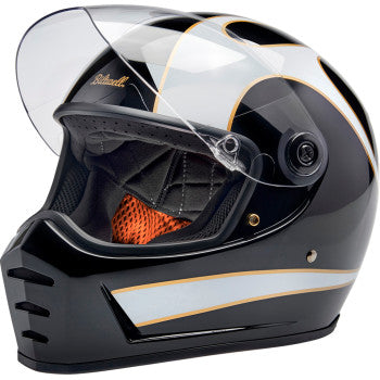 BILTWELL Lane Splitter helmet in gloss black with white flame design, XS size, featuring a sleek motorcycle helmet style.