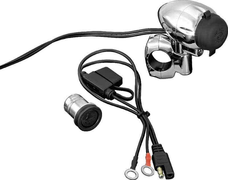 Kuryakyn electrical power point with 1-inch bar mount in chrome finish, designed for motorcycle handlebar installation.