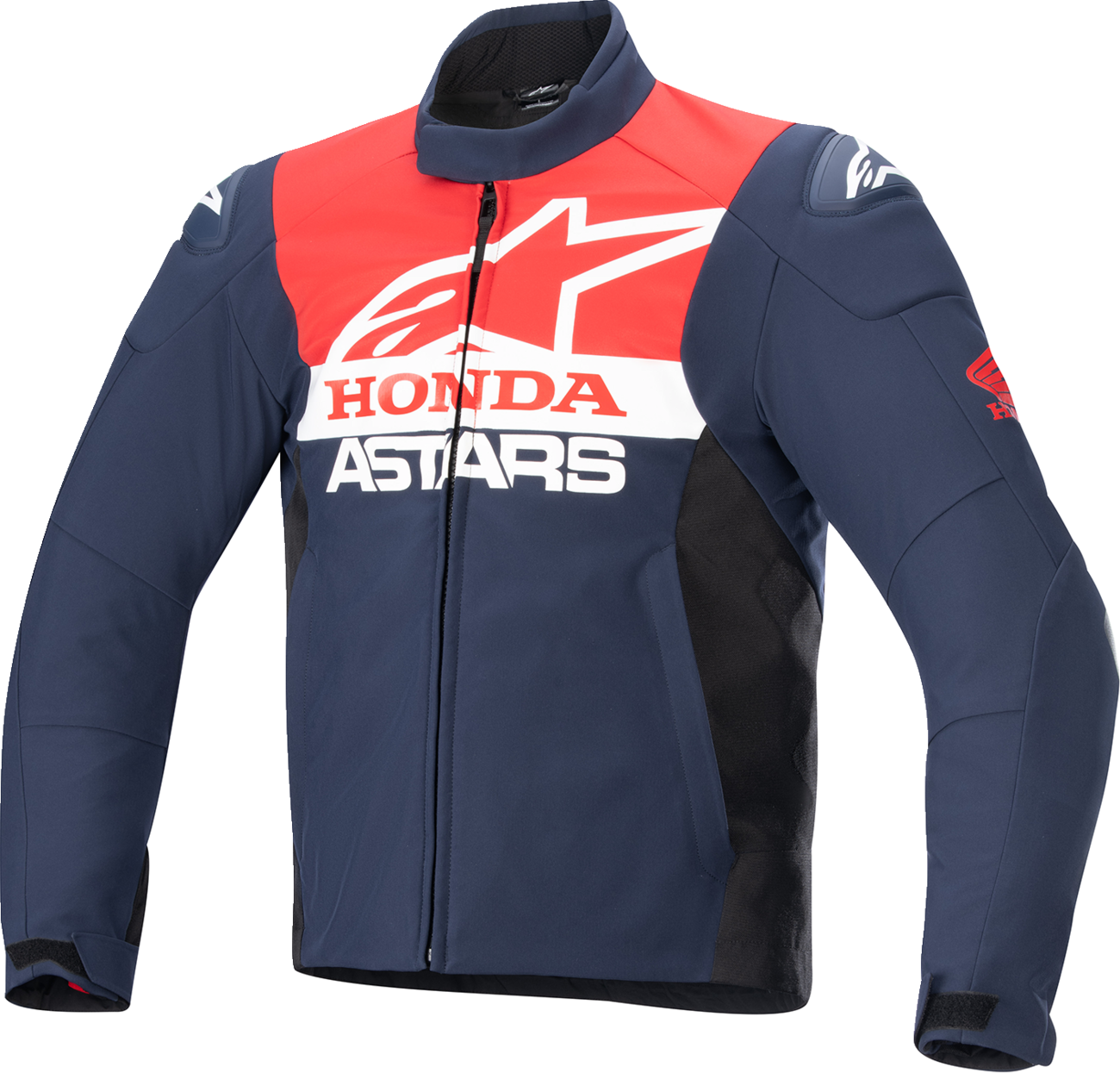 Alpinestars Honda SMX waterproof motorcycle jacket in blue, black, and red, size XL, showing front view with waterproof material.