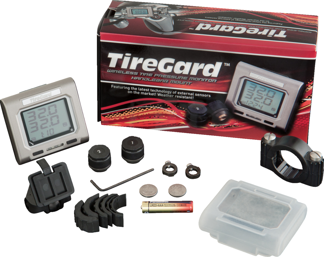 Bill's Exhausts Show Chrome handlebar tire pressure monitor system engine component, with digital display and chrome finish.