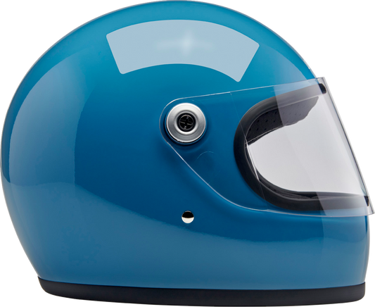 BILTWELL Gringo S helmet in gloss dove blue, XS size, featuring a sleek, aerodynamic design and secure strap for motorcycle riding.