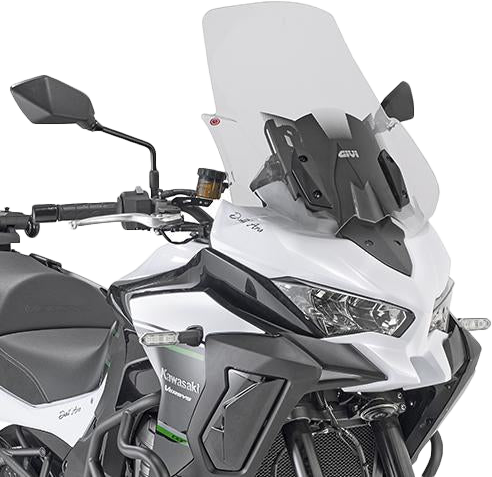 GIVI D4126ST clear windshield attached to Kawasaki motorcycle, providing wind protection and aerodynamic support.