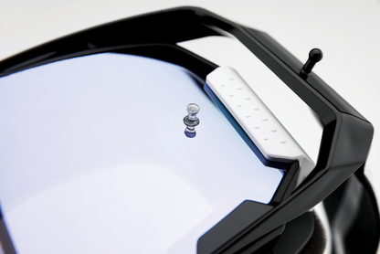 Bill's Exhausts 100% Armega goggles in black with silver flash mirror lenses, showcasing sleek design and reflective eye protection.