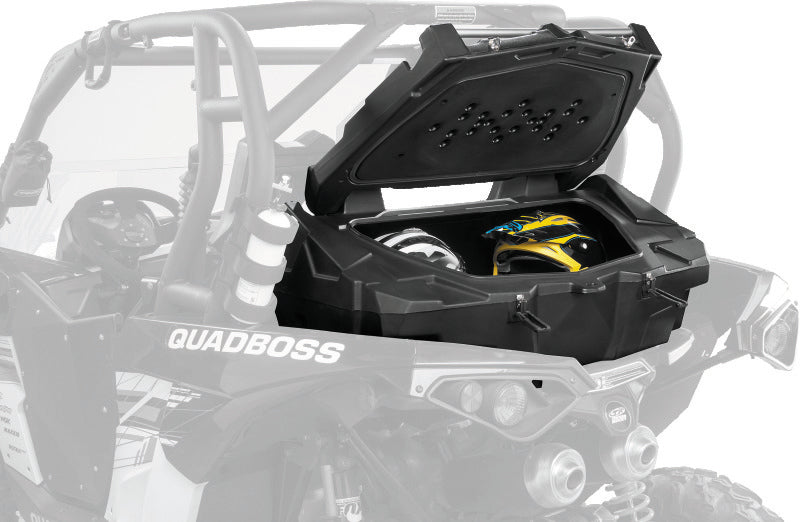 QuadBoss Expedition Series cargo box for Can-Am Commander 1000 ATV, mounted on the rear with secure latches and durable construction.