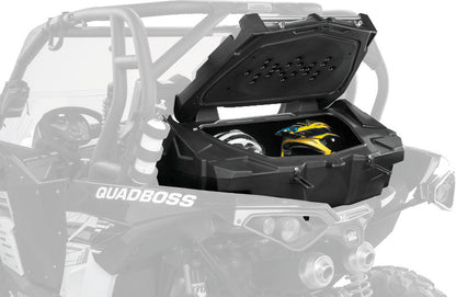 QuadBoss Expedition Series cargo box for Can-Am Commander 1000 ATV, mounted on the rear with secure latches and durable construction.