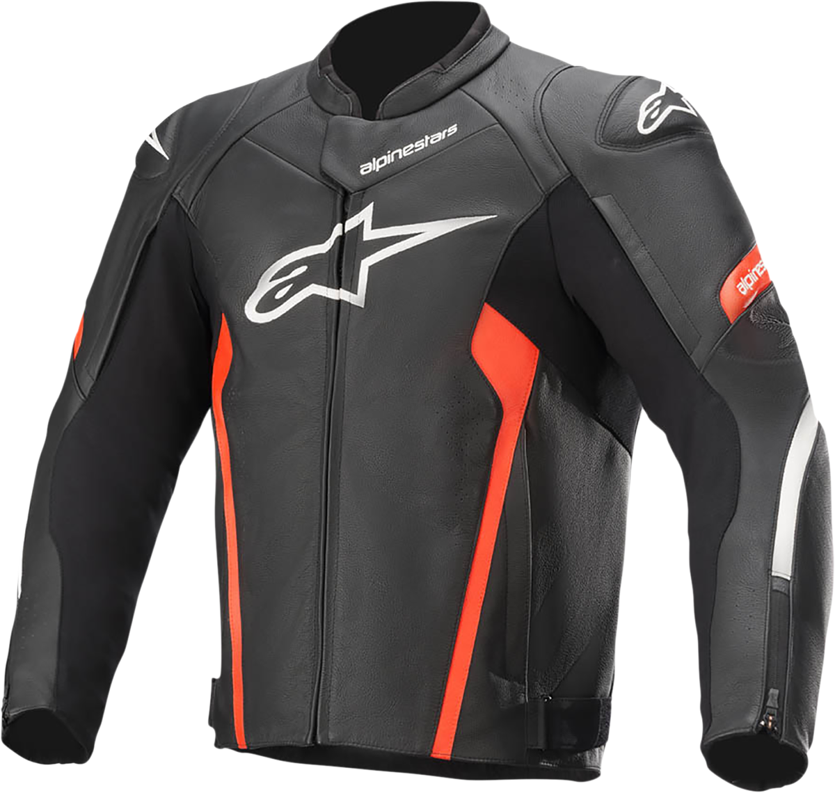 Alpinestars Faster v2 leather motorcycle jacket in black and red, US 46 / EU 56, displayed on a plain background