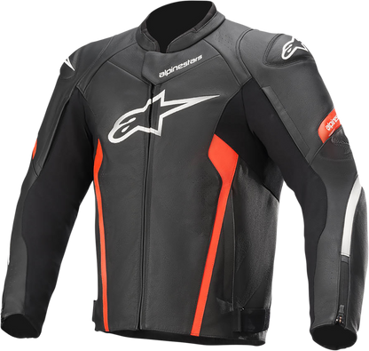 Alpinestars Faster v2 leather motorcycle jacket in black and red, US 46 / EU 56, displayed on a plain background