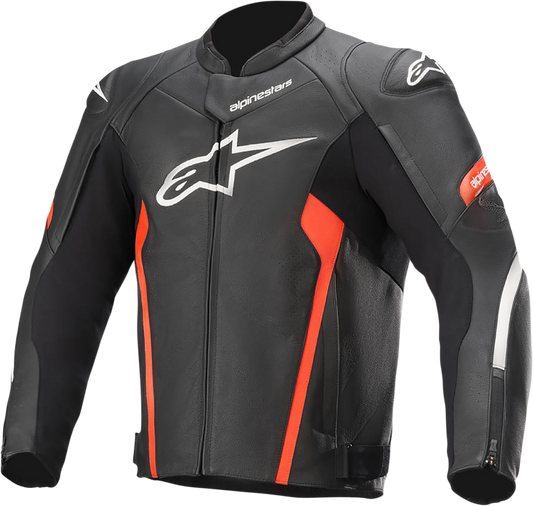 Black and red Alpinestars Faster v2 leather motorcycle jacket with protective padding, US 48 / EU 58 size.