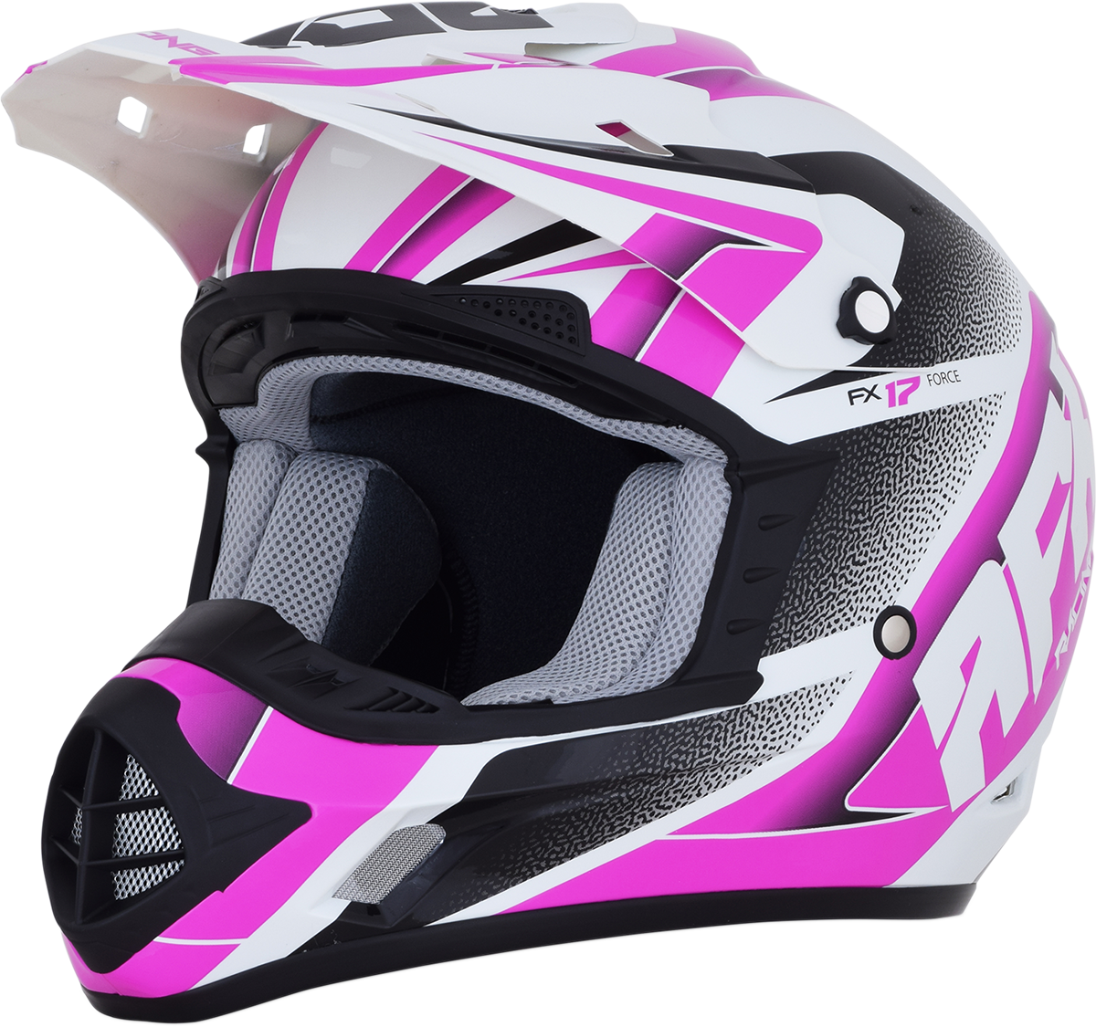 Pearl white and fuchsia AFX FX-17 motorcycle helmet by Bill's Exhausts, small size, with aerodynamic design and clear visor.