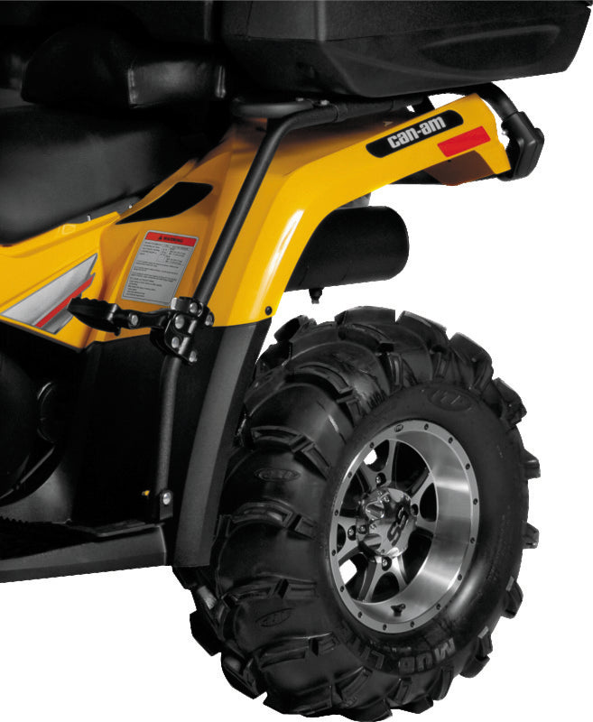 QuadBoss Can-Am Outlander 400 HO fender protectors, part #563258, installed on motorcycle, showing durable black plastic guards