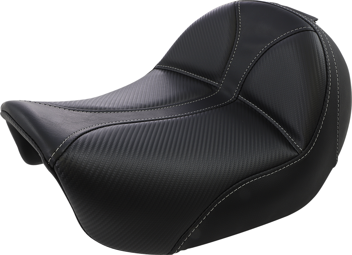 Black SADDLEMEN Dominator Solo Seat with gray stitching for FL/FX bikes 2006-2017, featuring stitched upholstery and sleek design.