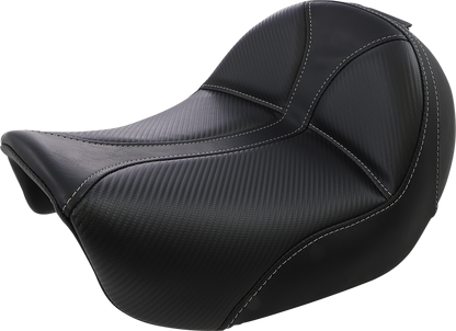 Black SADDLEMEN Dominator Solo Seat with gray stitching for FL/FX bikes 2006-2017, featuring stitched upholstery and sleek design.