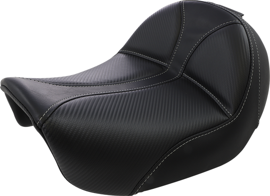 Black SADDLEMEN Dominator Solo Seat with gray stitching for FL/FX bikes 2006-2017, featuring stitched upholstery and sleek design.
