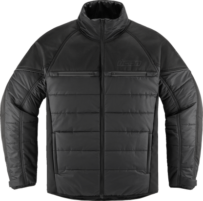 Bill's Exhausts ICON Ghost Puffer Jacket in black and charcoal, small size, lightweight insulated jacket with a padded design.