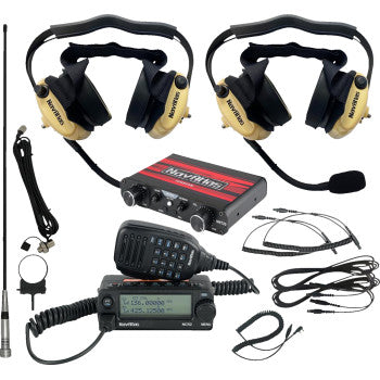 Two beige NAVATLAS intercom and radio headset kit for 2-seat vehicles, with microphone and earphone components, by Bill's Exhausts.