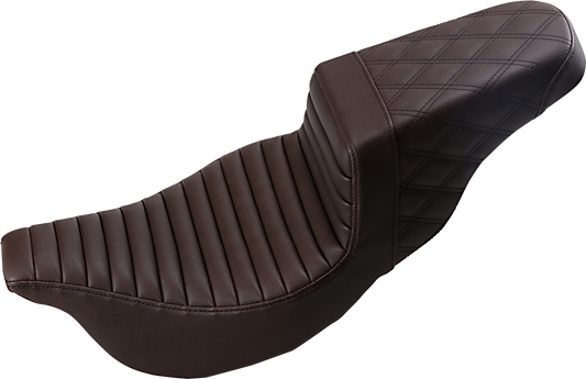 Bill's Exhausts SADDLEMEN Step-Up Seat in brown with front tuck-n-roll and rear lattice stitch for FL motorcycles 2008-2023